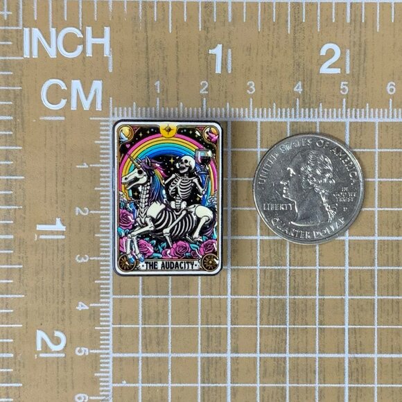 The Audacity Tarot Style Enamel Pin Skeleton Unicorn Rainbow Funny Black Metal - Picture 2 of 5